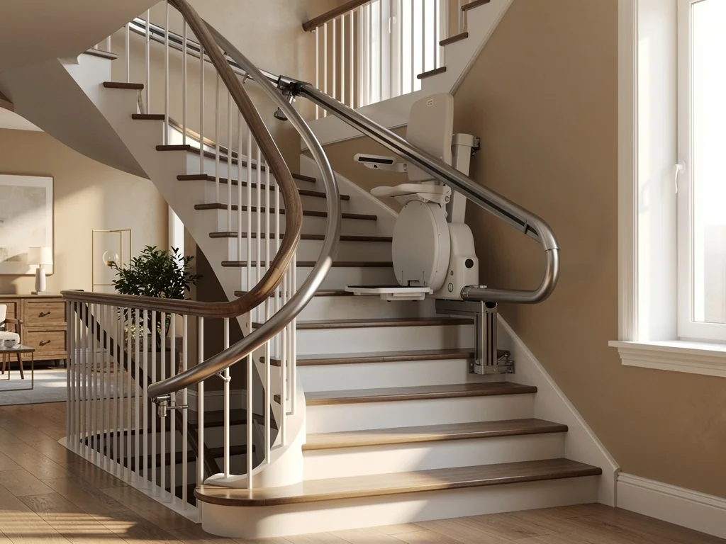 Rail courbe d'un monte-escalier tournant longeant un escalier a virage