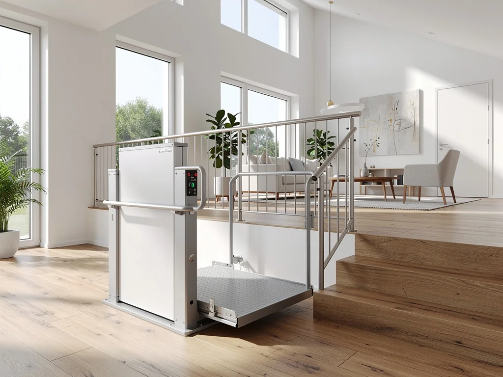 Plateforme elevatrice accueillant un fauteuil roulant dans une entree de maison