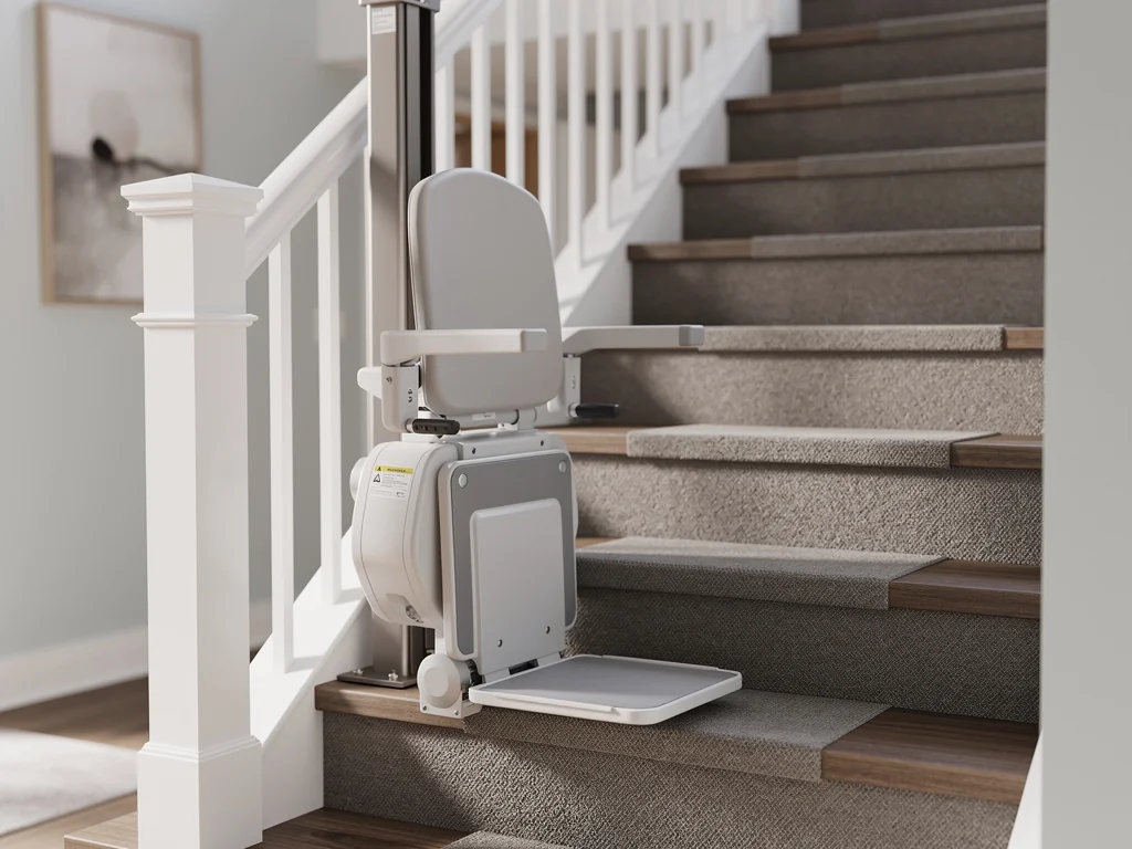 Fauteuil de monte-escalier replie en pied d'escalier, marches degagees